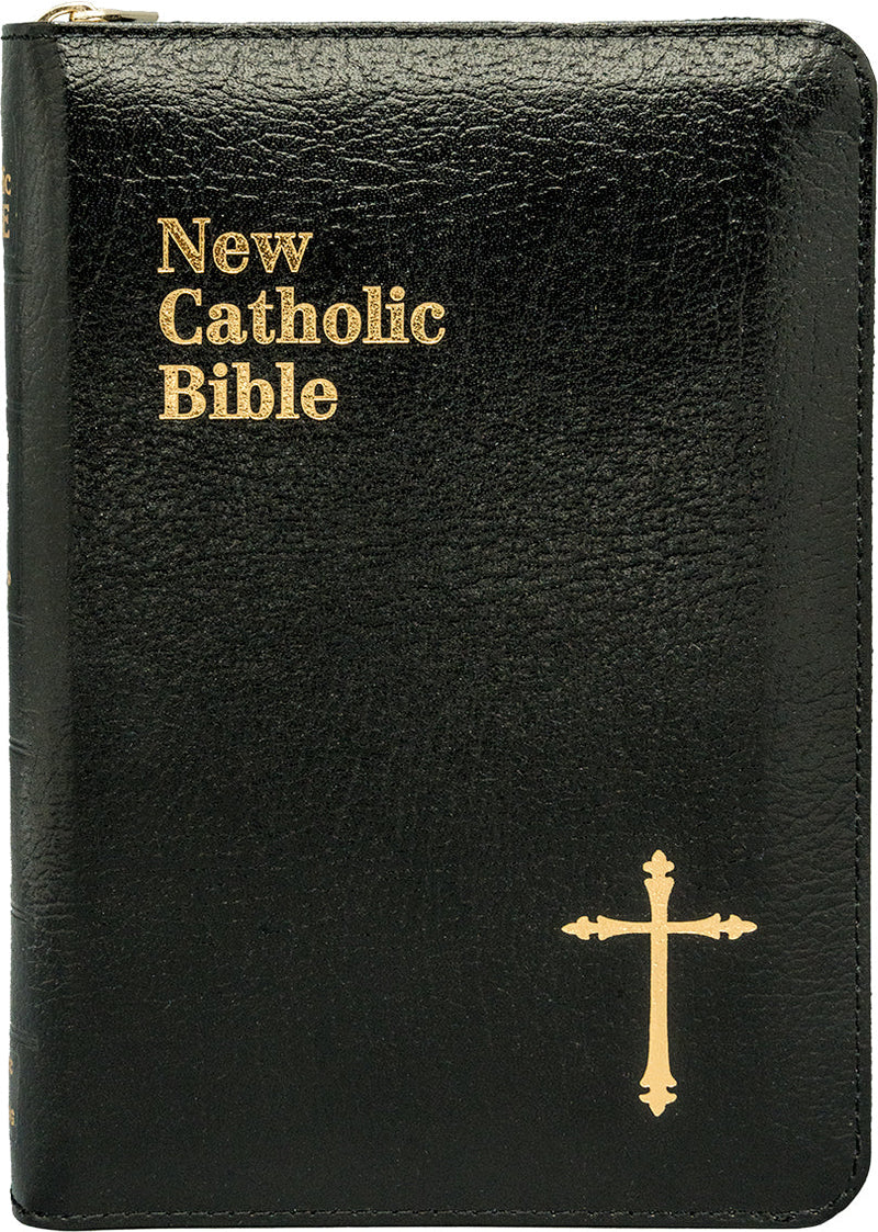 Black leather-bound Bible with gold text and cross on a white background