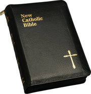 Black New Catholic Bible with gold text and cross on a white background