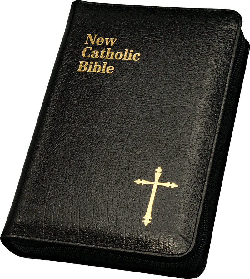 Black leather-bound New Catholic Bible with gold text and cross on a white background