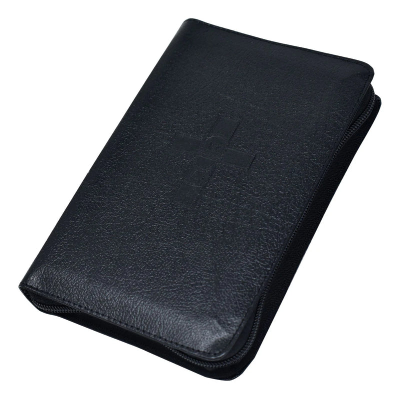 Black leather-bound notebook on a white background