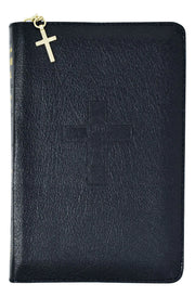 Black leather-bound book with a gold cross on a white background