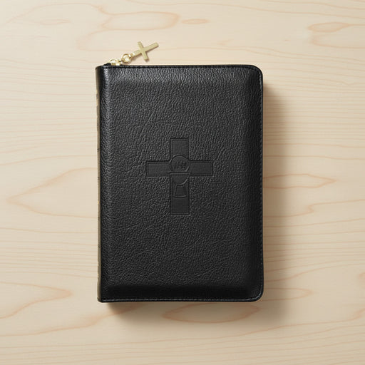 Black leather missal with a cross emblem on a wooden surface