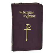 Brown book cover with 'The Imitation of Christ' and a cross symbol on a white background