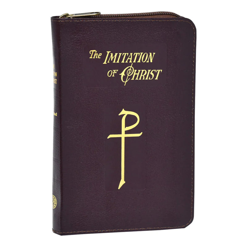 Brown book cover with 'The Imitation of Christ' and a cross symbol on a white background