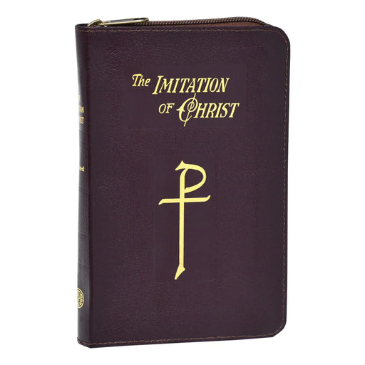 Brown book cover with 'The Imitation of Christ' and a cross symbol on a white background