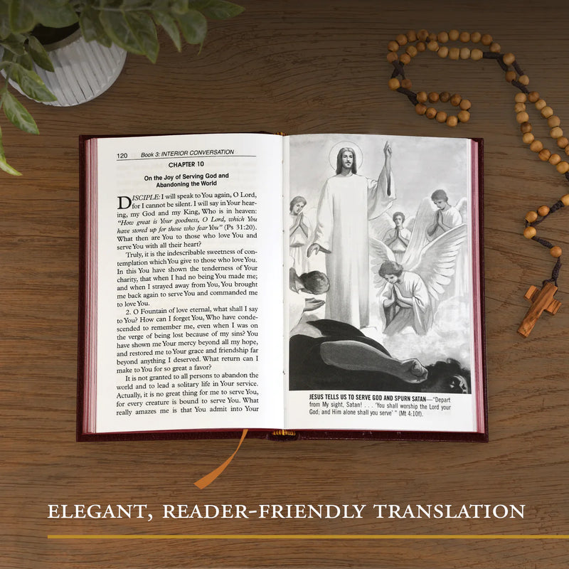 Open book with religious illustration on a wooden surface, accompanied by a rosary.
