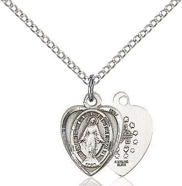 Miraculous Medal Heart Sterling Silver 18"