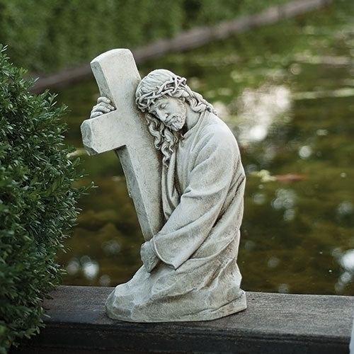 Jesus Holding Cross Garden Statue 17.75"H
