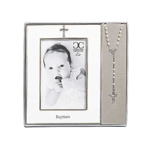 Caroline Collection Baptism Frame with Rosary Set 7" H