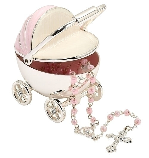Carriage Keepsake Box with Rosary Pink 2.75"H