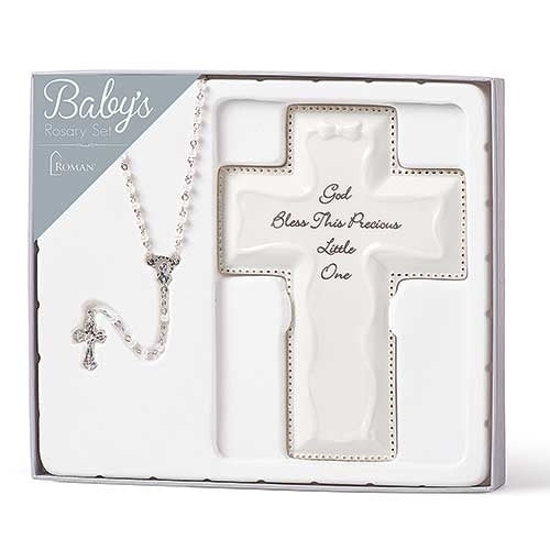 Cross and Rosary White 6.25"H 2pc set
