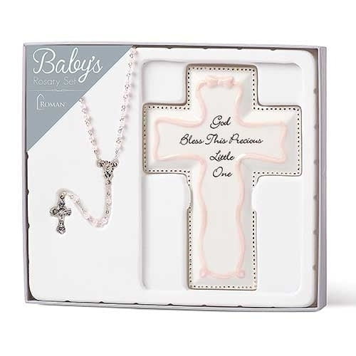 Cross and Rosary Pink 6.25"H 2pc set