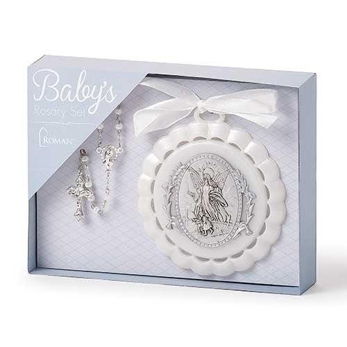 Cradle Medal and Rosary White 4.25"H