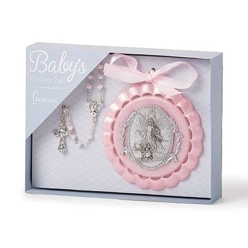 Cradle Medal and Rosary Set Pink 4.25"H