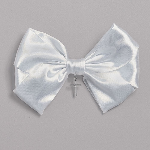 First Communion Hair Bow with Cross - White 4" Bow