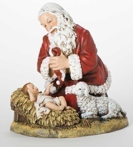 Santa Kneeling to Baby Jesus with Lamb Figure 13"H