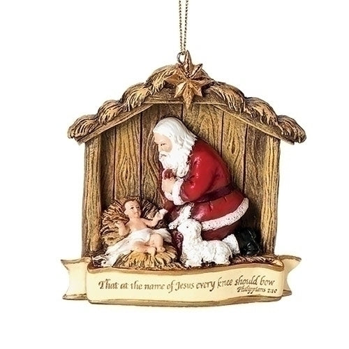 Santa Kneeling to Baby Jesus Ornament 3.5"H