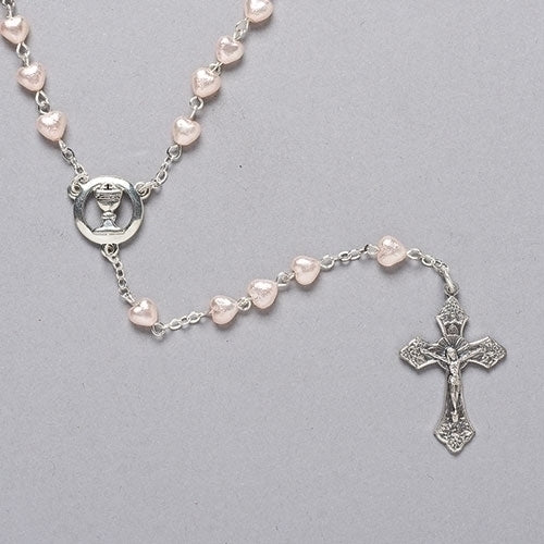 Communion Rosary with Heart Shaped Pearl Beads 18"L