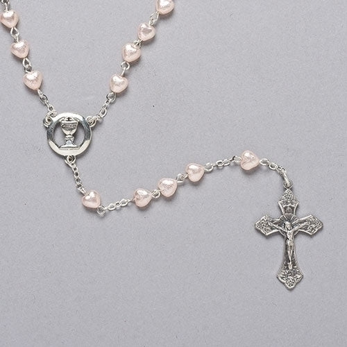 Communion Rosary with Heart Shaped Pearl Beads 18"L