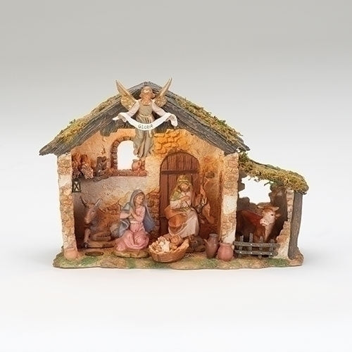 6 Figure Nativity Set with Lighted Resin Stable 5" Scale