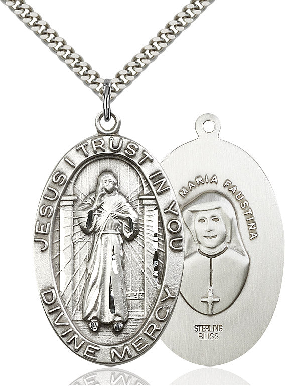 Divine Mercy Necklace Sterling Silver 24"