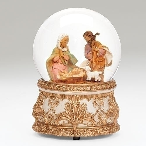 Holy Family Musical Globe with Ivory and Gold Base 5.5"H