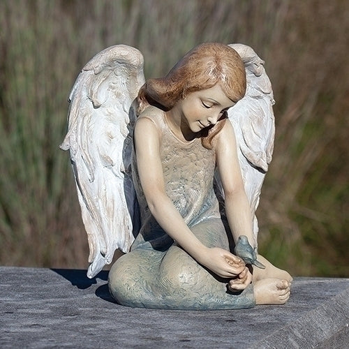Angel with Bluebird Seated Statue 9.75"H