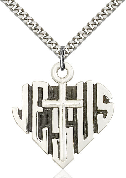 Heart of Jesus Cross Necklace Sterling Silver 24"