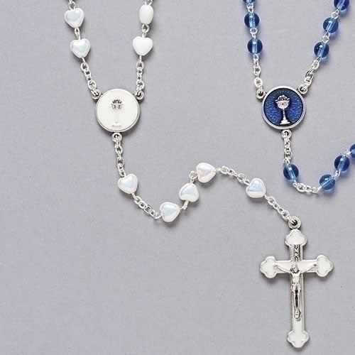 Communion Rosary White with Heart Shaped Beads 16"