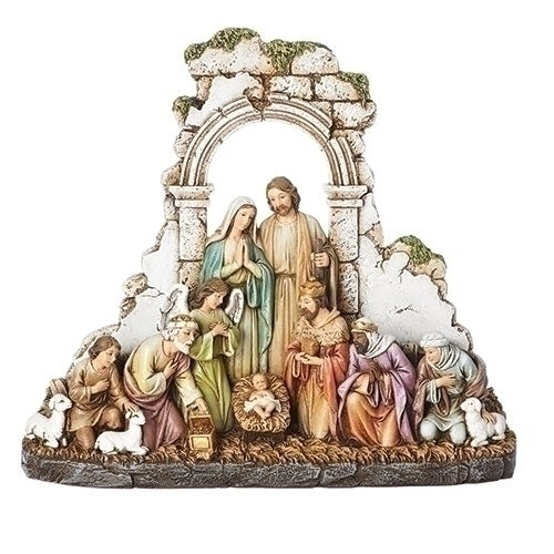 Kneeling Nativity with Stone Wall 8.5"
