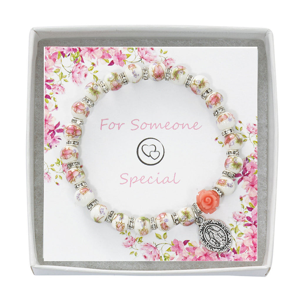 Floral Stretch Bracelet With Rhinestone Beads