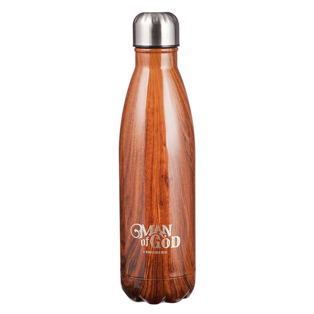 Man of God Wood Design Stainless Steel Water Bottle - 1 Timothy 6:11