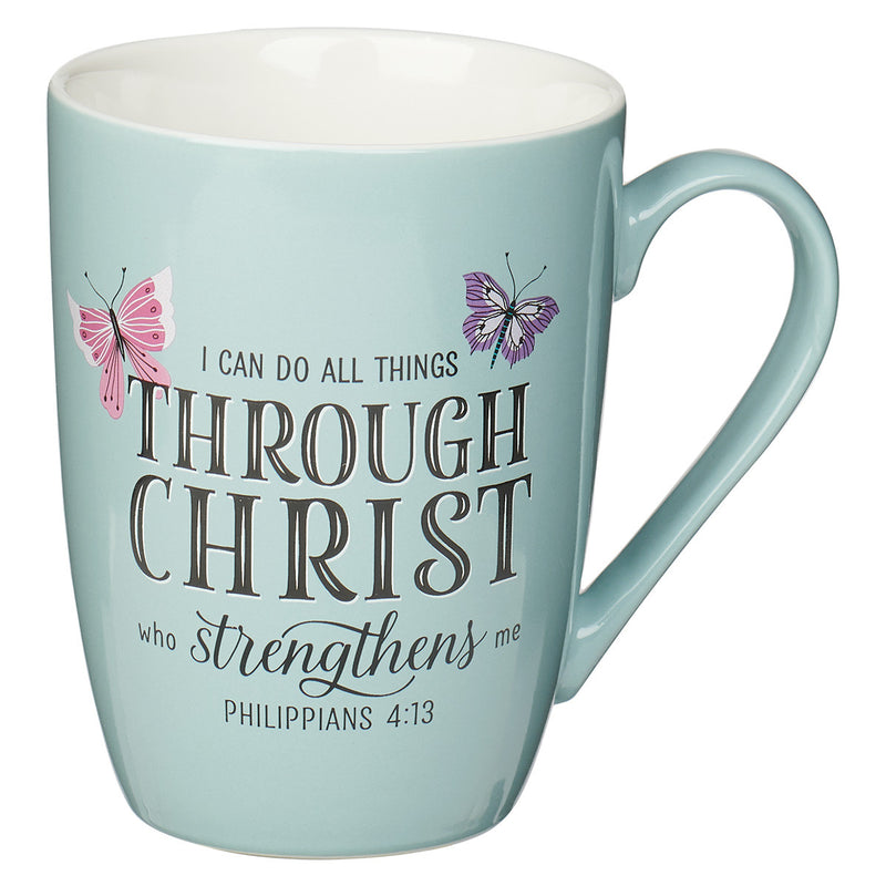Through Christ Blue Butterfly Ceramic Coffee Mug “ Philippians 4:13
