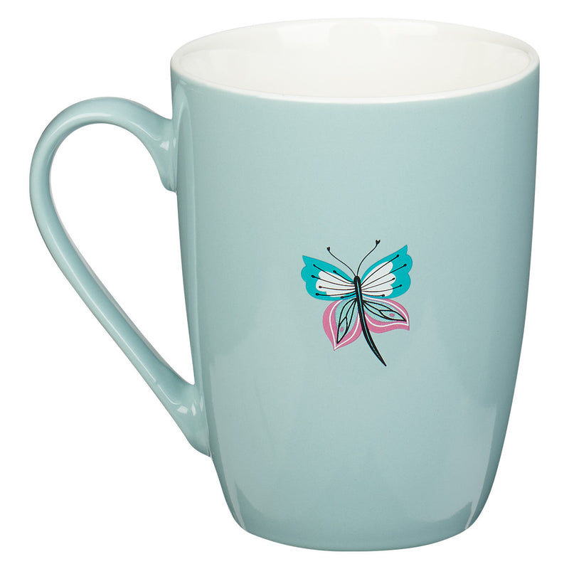 Through Christ Blue Butterfly Ceramic Coffee Mug “ Philippians 4:13
