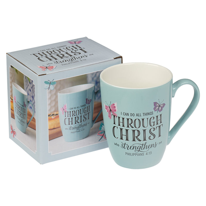 Through Christ Blue Butterfly Ceramic Coffee Mug “ Philippians 4:13