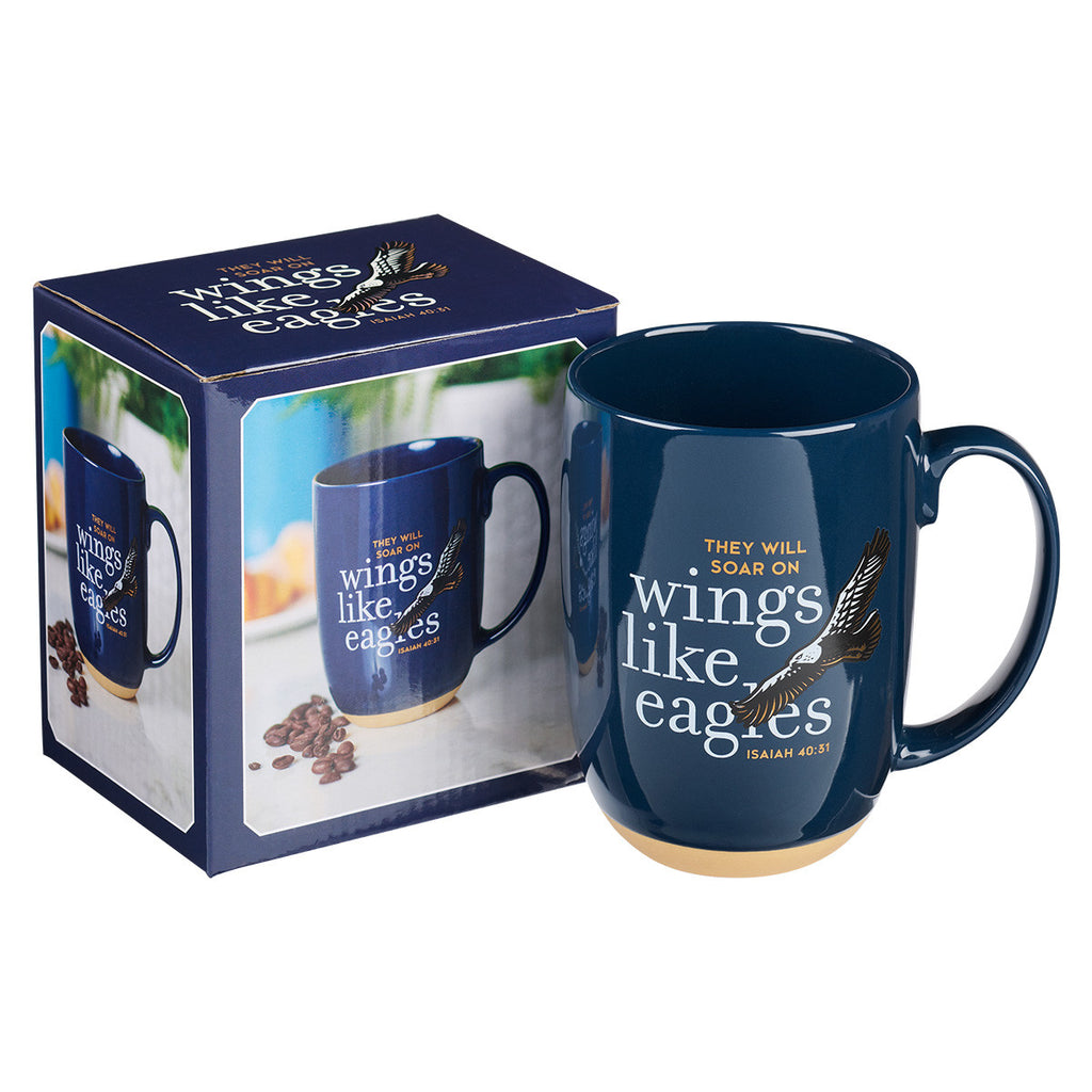 Wings Like Eagles Navy Blue Ceramic Coffee Mug with Exposed Clay Base - Isaiah 40:31
