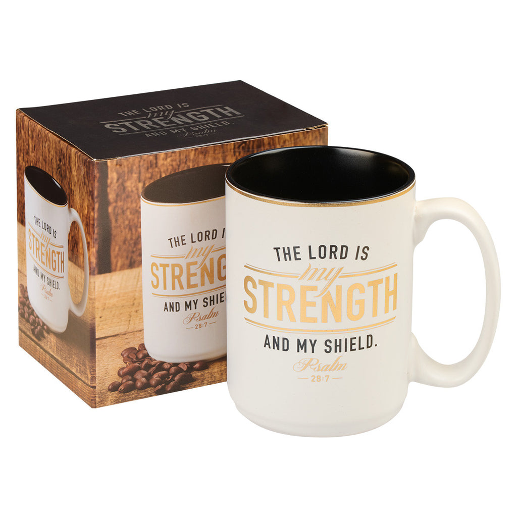 Strength and Shield White and Black Ceramic Coffee Mug - Psalm 28:7