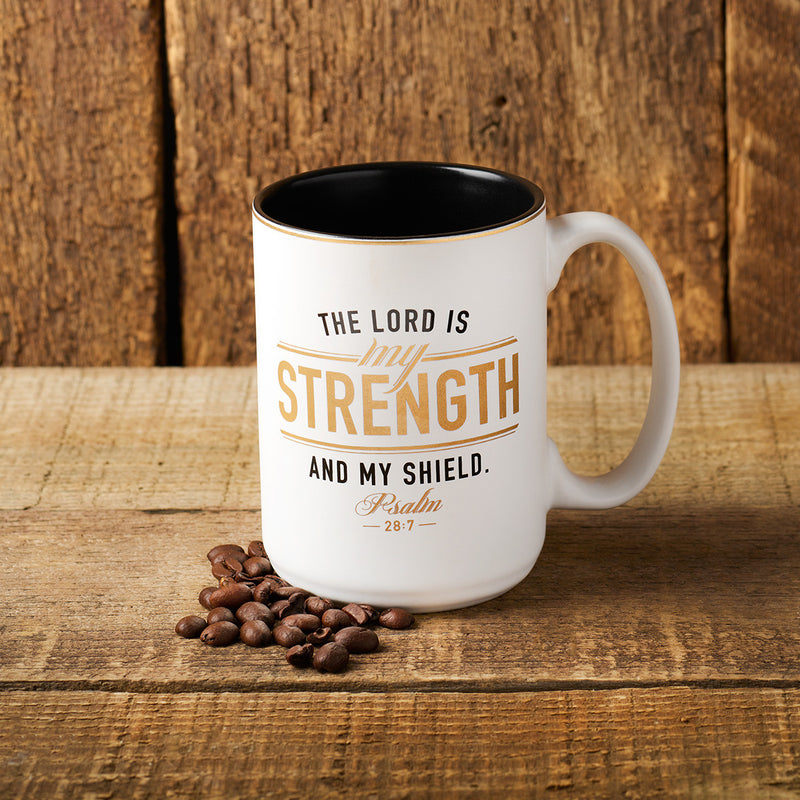 Strength and Shield White and Black Ceramic Coffee Mug - Psalm 28:7