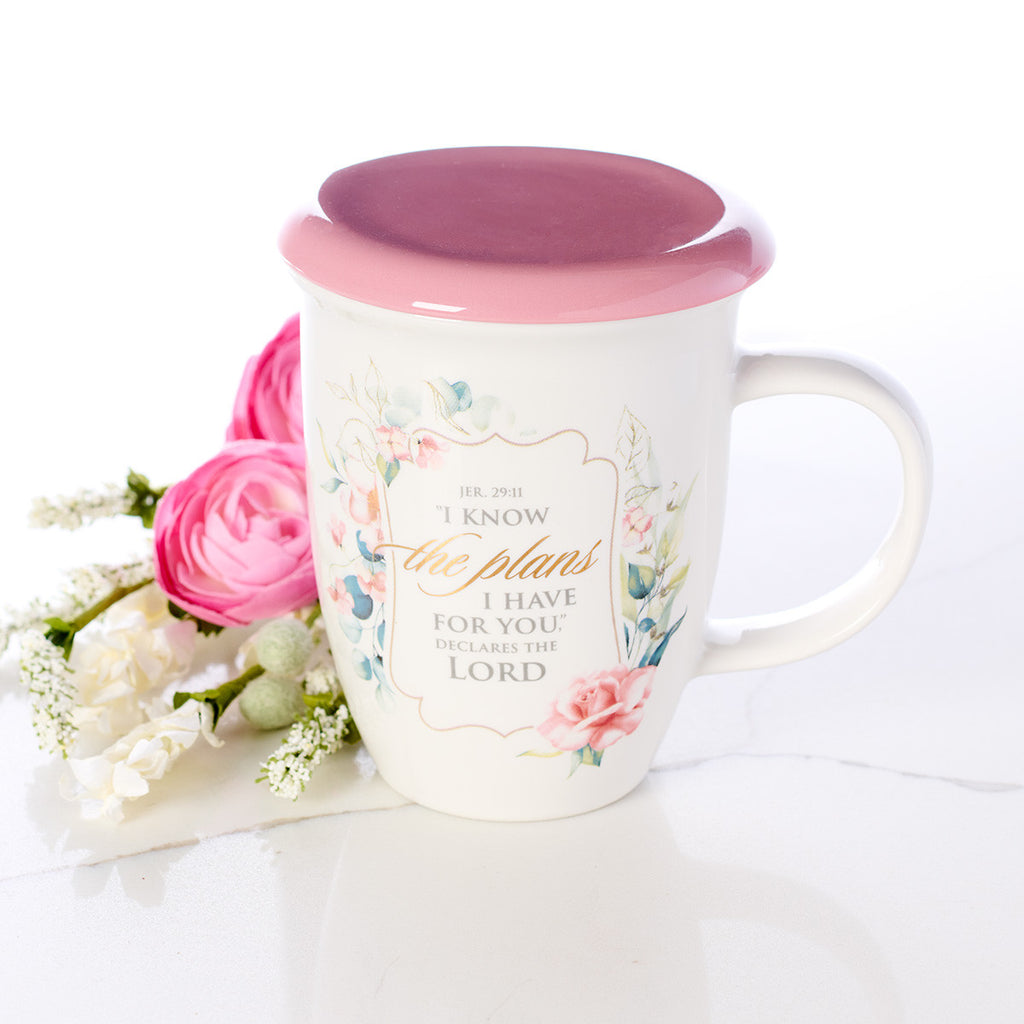 I Know the Plans Pink Lidded Ceramic Coffee Mug - Jeremiah 29:11