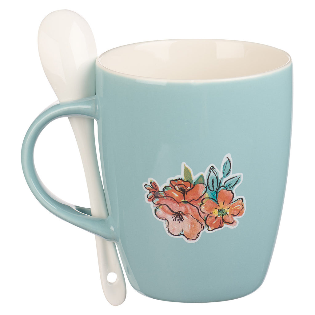 Bless You and Keep You Teal Ceramic Coffee Mug with Spoon - Numbers 6:24