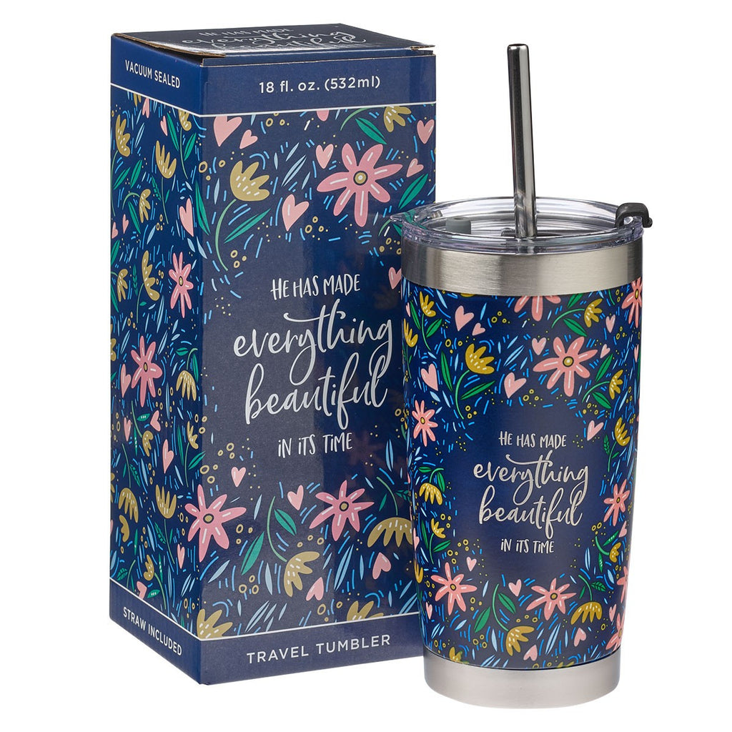 Everything Beautiful Stainless Steel Travel Mug with Reusable Stainless Steel Straw - Ecclesiastes 3:11