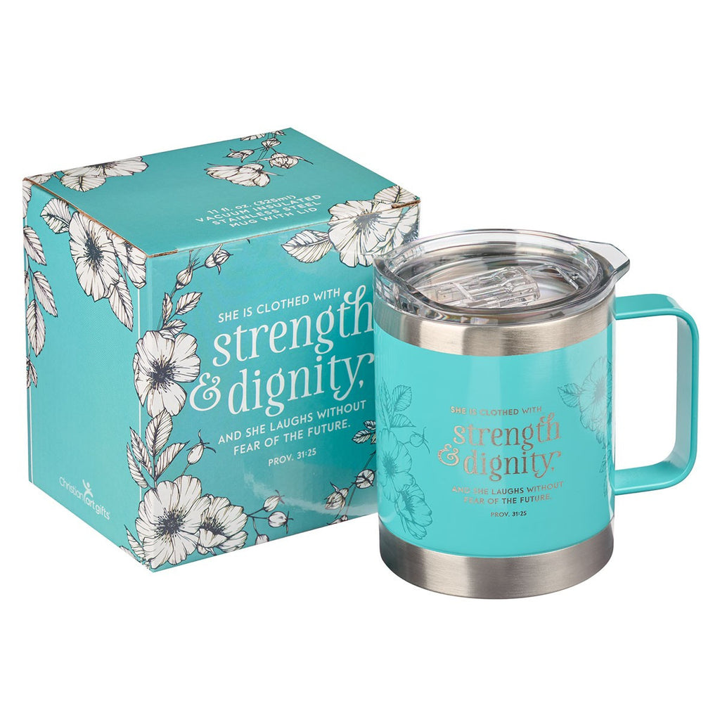 Strength & Dignity Teal Camp-style Stainless Steel Mug - Proverbs 31:25