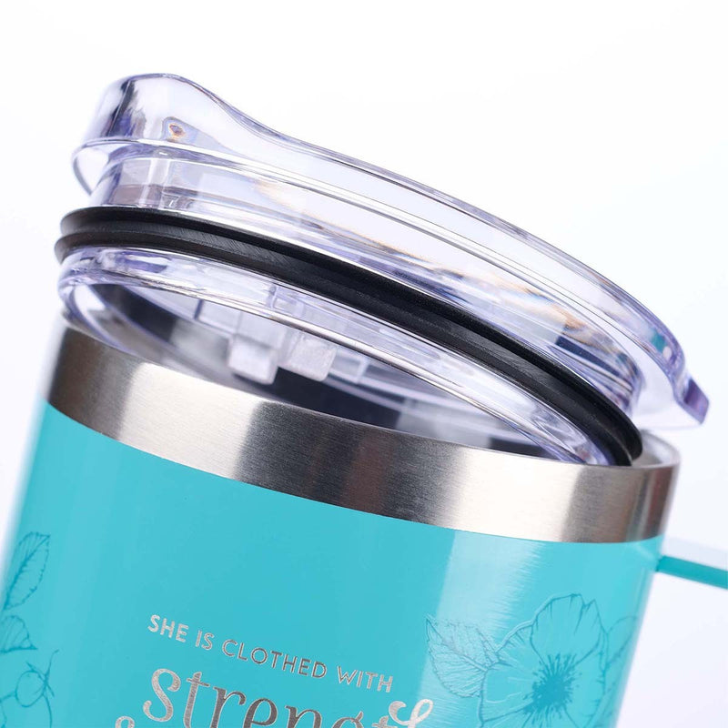 Strength & Dignity Teal Camp-style Stainless Steel Mug - Proverbs 31:25