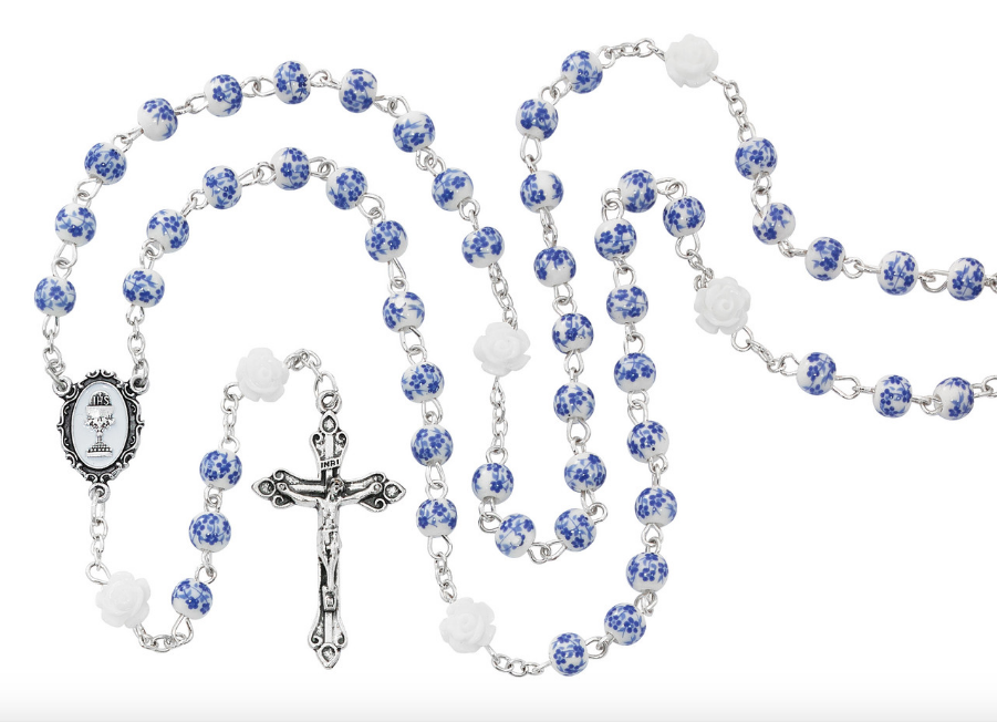 Rosary - 6mm Blue Ceramic Flower Communion Rosary