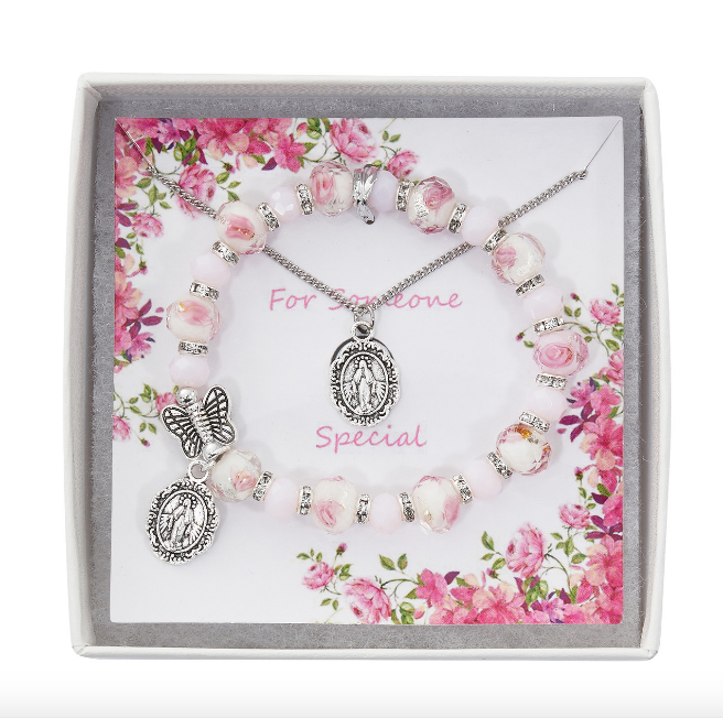 Miraculous Medal and Butterfly Pendant and Bracelet Set
