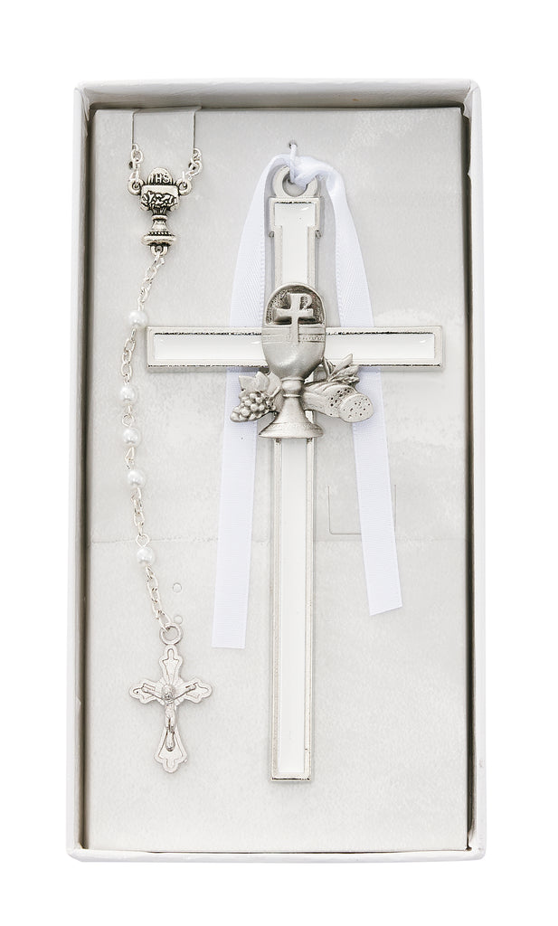 Cross - White Communion Cross and Rosary Set Box