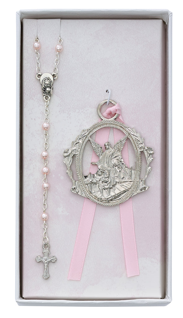 Baby Set - Angel Crib Medal and Pink Rosary Set Boxed