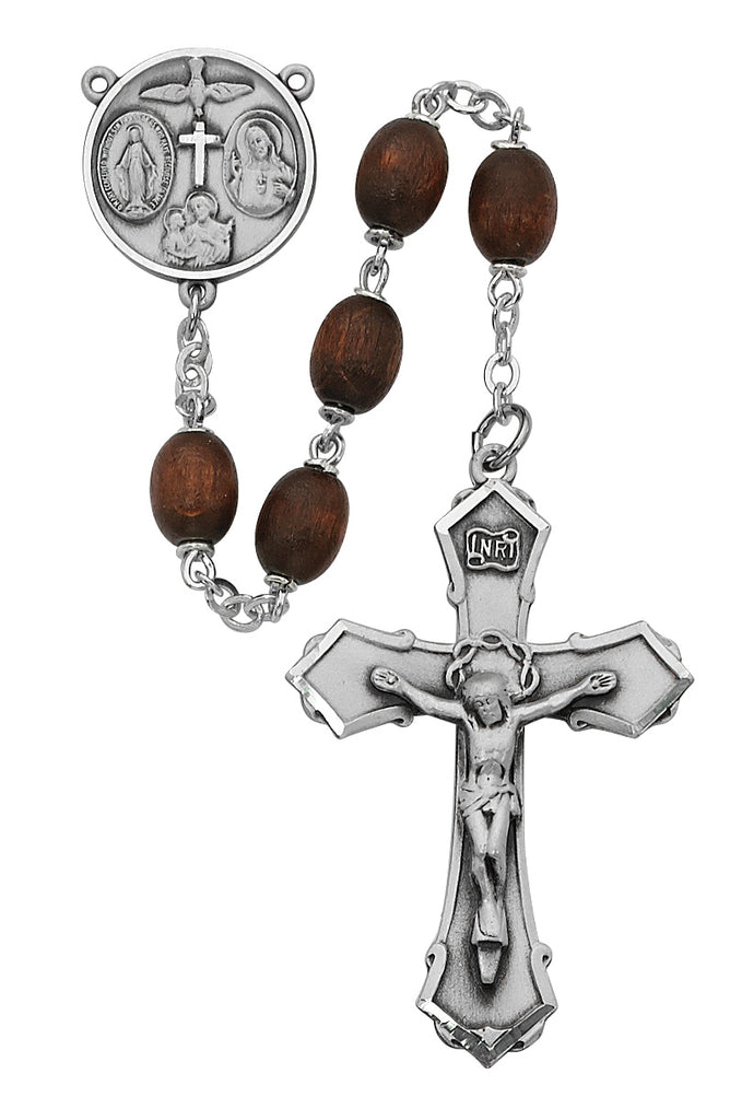 Brown Wood Rosary, Sterling Silver