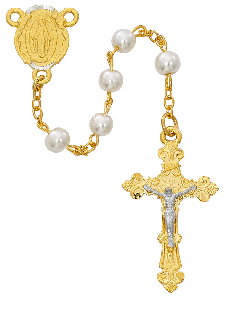 Rosary - Gold Plated Pearl Glass Rosary Boxed