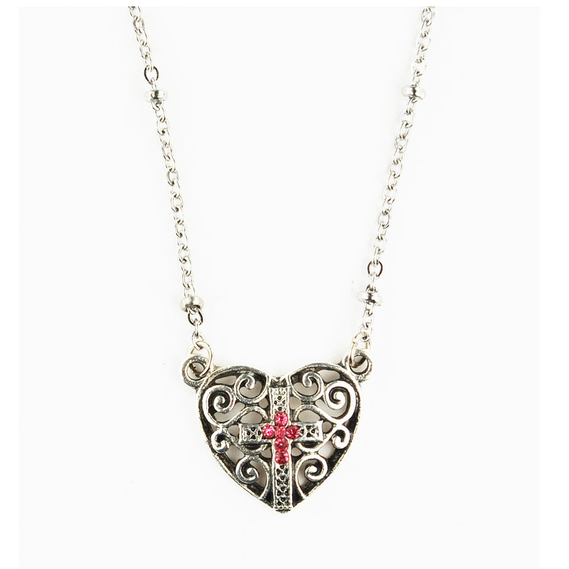 Necklace - 16in Pink Crystal Heart Pendant Carded